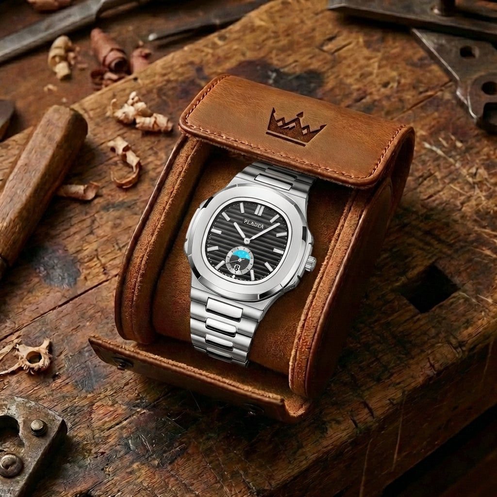 Men's Waterproof Leather & Steel Quartz Watch