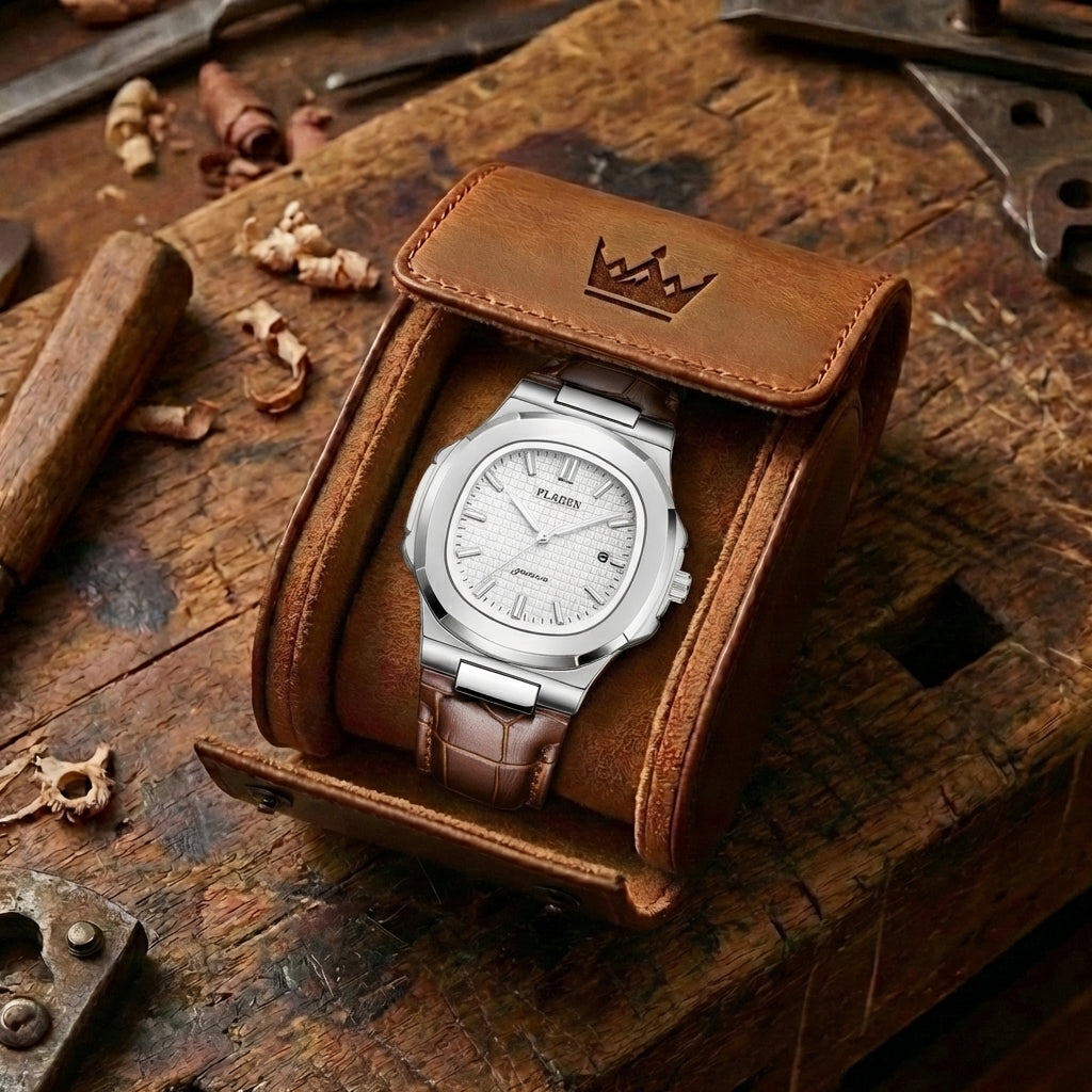 Men's Waterproof Leather & Steel Quartz Watch